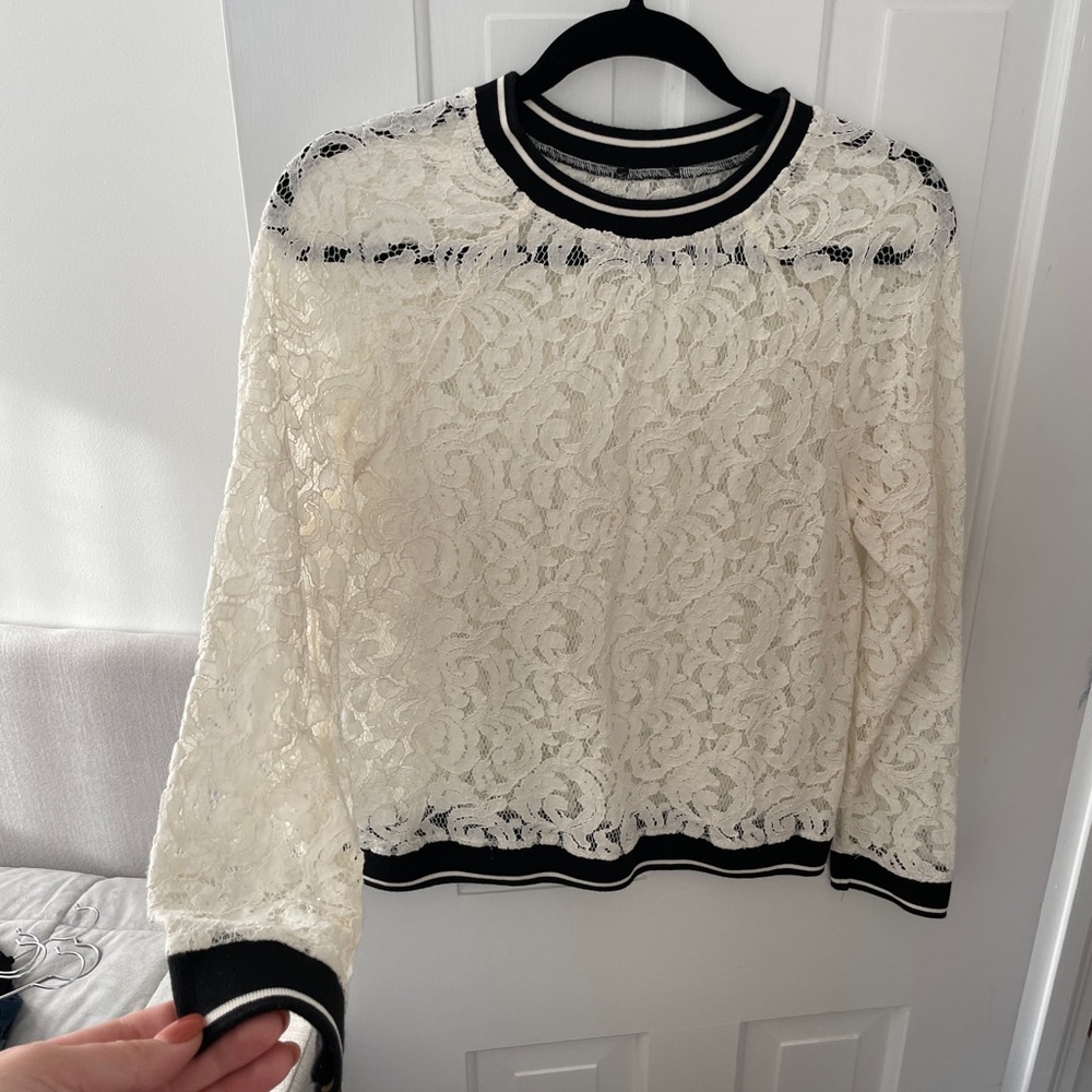 Cream Lace Sporty Crew Neck Top | Size S